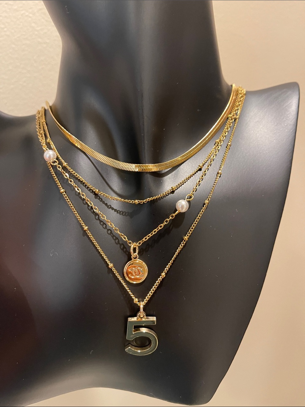 Layered Gold-Tone Necklace With Chanel No. 5 And CC Pendant